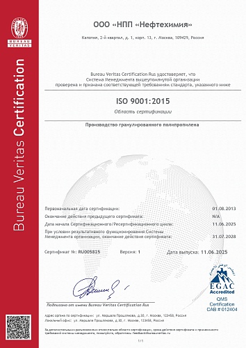 ISO 9001:2015 Производство гранулированного полипропилена